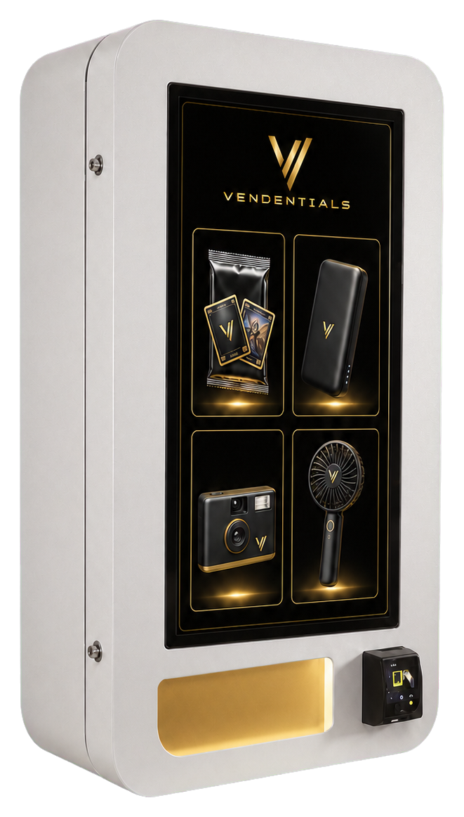 White Vendentials smart vending machine with a large digital display